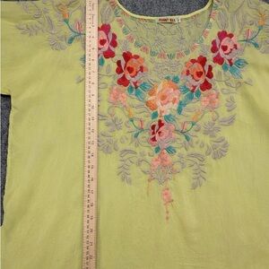 Johnny Was Embroidered Floral Blouse Women's Large Lightweight Lime Boho Sheer